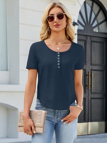 Bellcoco Women's Waffle Knit Tops Short Sleeve Button Henley Shirts Business Casual Blouses Lightweight Summer Top 2026 Navy L - Thumbnail 5