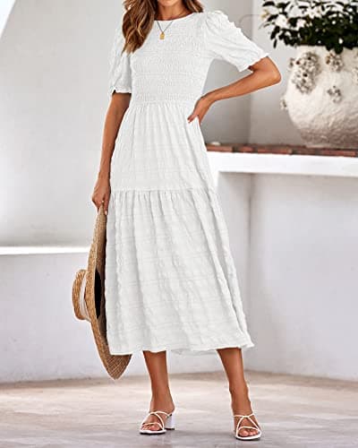 dowerme Womens Summer Dresses 2025 Casual Puff Short Sleeve Crewneck Smocked Flowy Ruffle Boho Beach Party Maxi Sundress(White,Medium) - Thumbnail 6