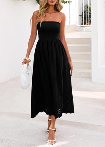 Lazysmile Summer Boho Maxi Dress for Women Strapless Tube Top Lace Trim A Line Beach Casual Long Dress Black - Thumbnail 3