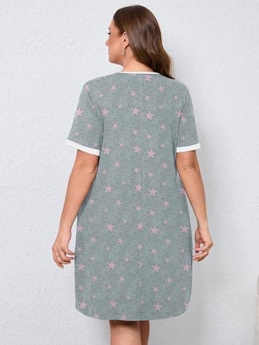 AusLook Plus Size Women's Nightgown 3X Pink Stars Short Sleeve Sleep Dress Sleepwear Soft Sleepshirts Pleated Scoopneck Nightshirt Sleep shirts with Pockets - Thumbnail 2