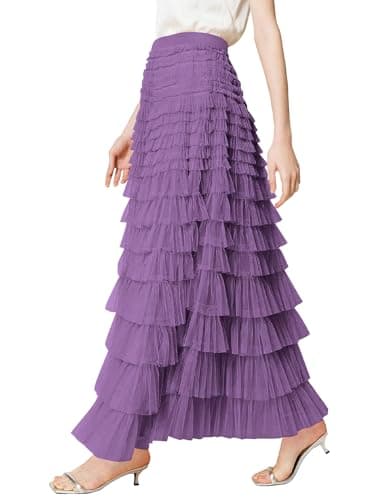 Women's Tulle Maxi Skirt High Waist Elastic Tiered Ruffle A-Line Flowy Party Wedding Guest Skirts Comfortable Daily Wear(Purple-M) - Image 1