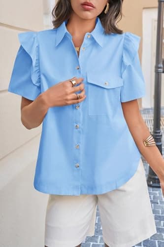 Cicy Bell Womens Ruffle Button Down Shirts Dressy Casual Short Puff Sleeve Cotton Tops Summer Loose Fit V Neck Blouses Sky Blue - Thumbnail 6