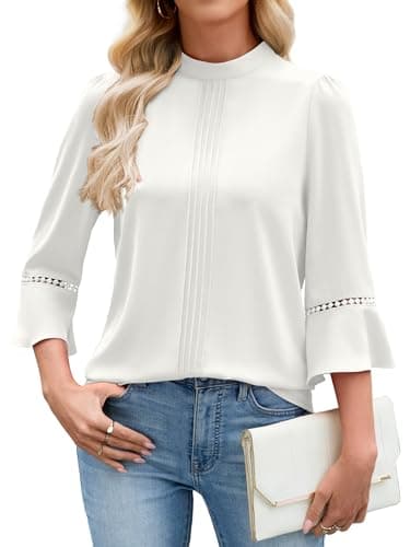 Funlingo Womens 3/4 Sleeve Tops and Blouses Business Casual Tunic Dressy Work White Shirts Spring Mock Neck Front Pleated Clothes 2026 3XL - Image 1