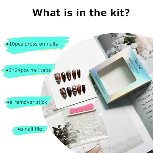 Tesytto Dark Red Press on Nails Luxury Medium Almond, Handmade Fake Nails 3D Design with Snake Charm Rhinestones Glossy Full Cover Thick Acrylic Nails for Valentine's Day(Red Flame,S) - Thumbnail 5