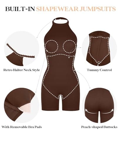 Popilush Women Workout Romper Built in Shapewear Tummy Control Halter Neck Backless Short Jumpsuits - Thumbnail 5
