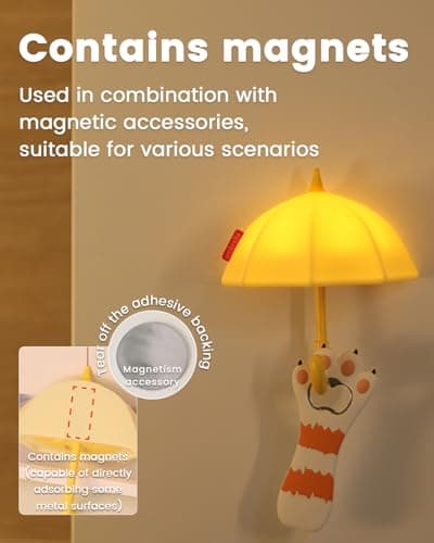 joyful xinghai Kids Night Light Umbrella, Silicone Tap Control Magnetic Bedside Lamp with Time Auto-Off, Cute Portable LED Nursery Light for Baby, Toddler, Bedroom and Keychain Holder - Thumbnail 4