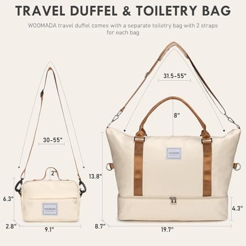 WOOMADA Weekender Overnight Bag for Women, Shoulder Travel Duffel with Shoes Compartment,Gym Bag with Toiletry Bag Large Size(beige&brown) - Thumbnail 2