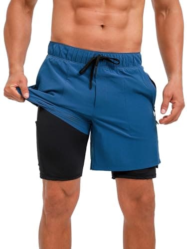 ECUPPER Mens Swim Trunks with Compression Liner 2 in 1 Board Shorts with Zipper Pockets Quick Dry Swimwear Beach Bathing Swimsuit Dodger Blue M - Image 1