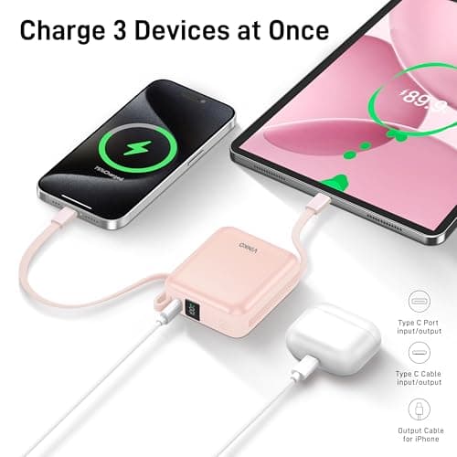VINKO 10000mAh Power Bank Built-in Cables, Fast Charging with LED Display, Small Travel Battery Pack with Cords, Airplane Travel Essentials,Portable Phone Charger for iPhone 17 Smart Devcies(Pink) - Thumbnail 5