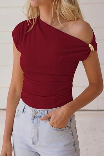 PRETTYGARDEN Womens Summer Off The Shoulder Crop Tops Ribbed Going Out Fitting T Shirts Trendy Spring Y2k Clothes 2026(Burgundy,Small) - Thumbnail 2