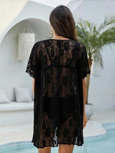 Charming Ashley Women's Lace Swim Cover-Up, Vacation Swim Dress, Summer Loose-Fit Bikini Cover-Ups, Beachwear Black - Thumbnail 6