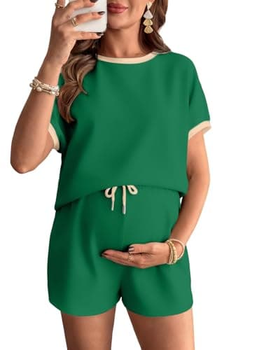 BLENCOT Maternity Pajamas Short Sleeve T-shirt and Shorts Sets Women 2 Piece Outfits Pregnancy Lounge Set with Pockets Dark Green Small - Image 1