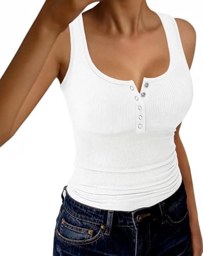GKBK Womens Backless Ribbed Tank Tops Scoop Neck Low Cut Sexy Casual Slim Fit Sleeveless Summer Henley Cami Shirts White - Image 1