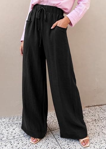 KIRUNDO Wide Leg Palazzo Pants for Women Summer High Waist Flowy Casual Trousers Lounge Pants Beach Vacation Travel Outfits (Black, Large) - Thumbnail 4