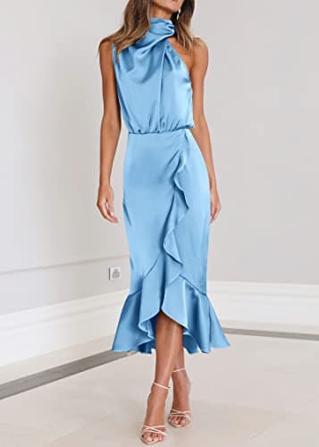 KIRUNDO Women 2026 Spring Summer Satin Mock Neck Wedding Guest Party Cocktail Midi Dress Sleeveless Wrap Ruffle Formal Dress(Light Blue, XX-Large) - Thumbnail 2