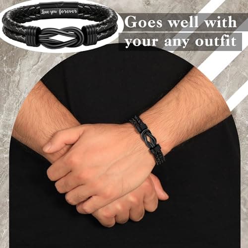 Btysun Gifts for Husband, Fathers Day Bracelet Gifts for Husband Birthday Gifts Mens Leather Bracelet Stocking Stuffers Cool Braided Leather Cuff Bracelets Thank You I Love You Gift - Thumbnail 2