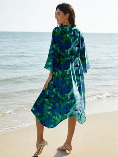 Womens Swimsuit Coverup Casual 3/4 Sleeve Cardigans Swimsuit Summer Beach Cover Ups with Tropical Prints - Thumbnail 5