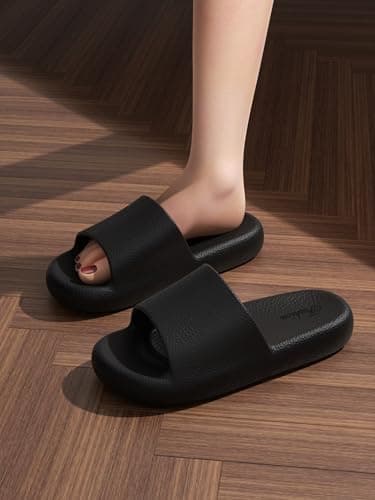 HUILONGJIA Cushioned Slides House Slippers for Men, Summer Pillow Sandals Non-Slip Pool Bath Shower Shoes Coud Soft for Indoor Outdoor, Black Mens Size 8-9 - Thumbnail 2