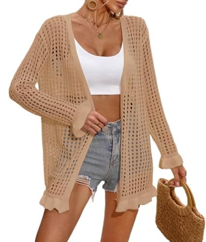 BreathSunny Womens Crochet Knit Swimsuit Coverup Cardigan Summer 2025 Open Front Long Sleeve Ruffle Trim Hollow Out Mesh Swimwear Beach Swim Bikini Bathing Suit Cover Up Kimono Caramel Beige M - Image 1