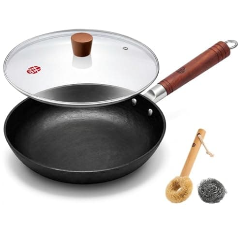 WANGYUANJI 11 Inch Cast Iron Skillet with Glass Lid, Uncoated Cast Iron Frying Pan for Steak, Eggs, Sautéing,Flat Bottom Skillet for Gas, Electric & Induction Cooktops - Image 1