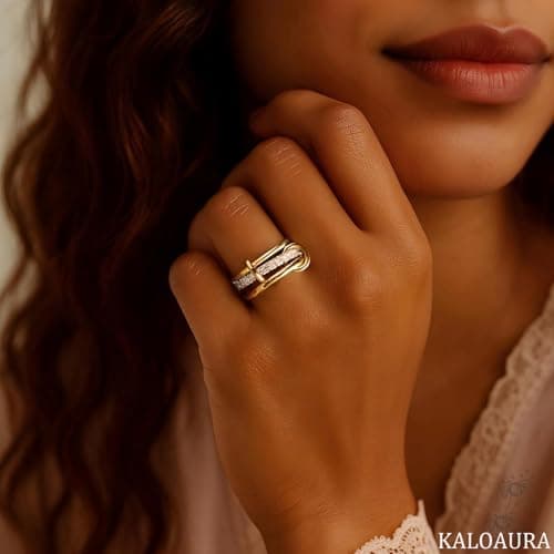 KALOAURA Gold Silver Stackable Rings for Women Non Tarnish, 14k Gold Plated Interlocking Stack Ring Set Chunky Cubic Zirconia CZ Multi-Link Mixed Connected Band Thumb Rings Jewelry for Gift - Thumbnail 2