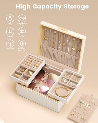 Lolalet Jewelry Box Organizer for Women Girls, 2 Layer Jewelry Organizers and Storage for Necklace Earrings Rings Bracelets, Large Jewellery Holder Case Birthday Gifts -Cream - Thumbnail 3