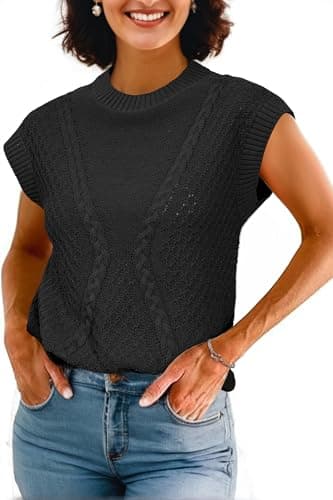 Arach&Cloz Womens Spring Sweater Vest 2025 Cap Sleeve Crew Neck Casual Tops Cable Knit Crochet Loose Fit Summer Outfits Black S - Image 1