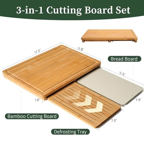 Kikcoin Bamboo Cutting Board Set with Defrosting Tray, Wood Cutting Boards for Kitchen with Deep Juice Grooves & Built-in Organizer Meal Prep Charcuterie& Chopping Board for Meat, Vegetables and Bread - Thumbnail 2