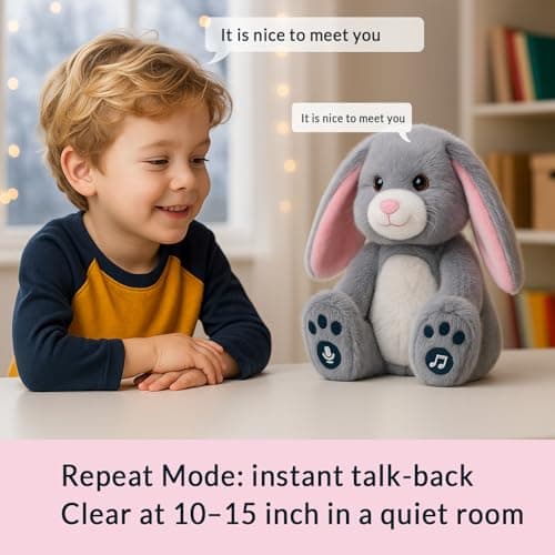 YH YUHUNG Easter Bunny Interactive Talking Plush Toy, Voice Repeat & Record, 10 Songs with Flapping Ears, Volume Control, Animated Stuffed Rabbit Easter Basket Stuffers for Toddlers Kids, Soft Gray - Thumbnail 2