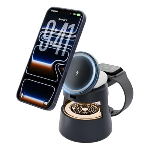 Wireless Charging Station for Magsafe: 4 in 1 Fast Charger Stand 15W with Mushroom Light for iPhone 17 16 15 14 13 12 Pro Max - for Apple Watch Ultra and AirPods Series - Nightstand Bedside, Black