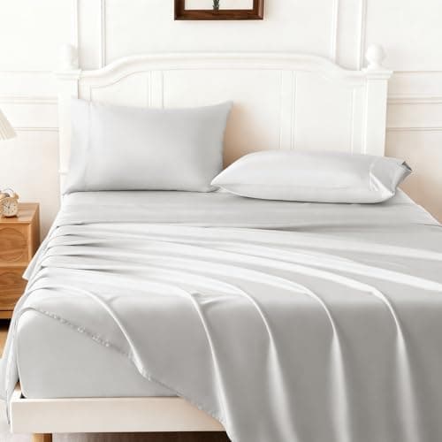 ChicView Queen Luxury Satin Sheet Set,4 Pieces Ultra Cooling Silky Feel Breathable Bedsheets, 16 Inch Deep Pockets Bed Sheets,Good for Hair & Skin, Light Gray - Image 1