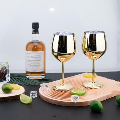 TJ Wine Glasses Stainless Steel Set of 2, Unbreakable Wine Glass 17oz, Wine Accessories Cool Wine Glass, Wine Goblets for Outdoor, Travel, House Warming, Valentines, Anniversary, Gold - Thumbnail 6