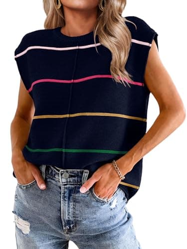 Bellcoco Womens Cap Sleeve Summer Tops Striped Sweater Vest Lightweight Casual Crewneck Loose Knit Pullover Tank Top Beach Vacation Outfits Navy Blue XXL - Image 1