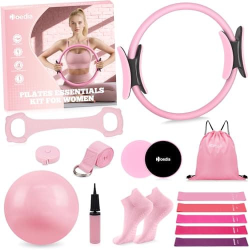 Hoedia Pilates Kit for Women, Pilates Equipment Ring and Ball Set with Resistance Bands, Yoga Strap, Core Sliders, Socks, Bag & Guide for Starter Home Workout Fitness Gym Essentials, Pink