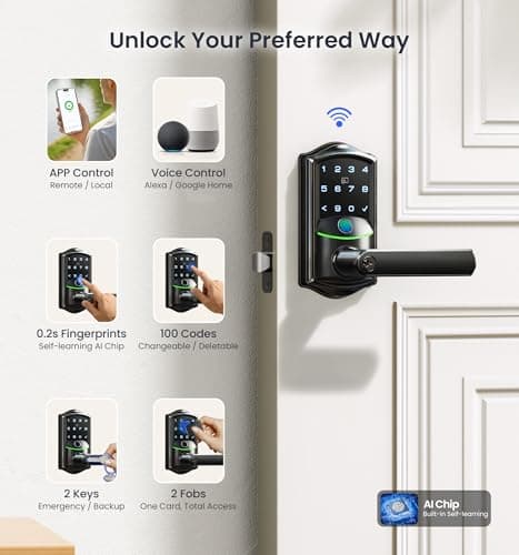 Veise VE029 WiFi Smart Lever Lock, Fingerprint Keyless Entry Door Lock with Handle, Built-in WiFi, Remote App Control, Electronic Digital Knob for Front Door and Bedroom, IP65 Waterproof, Matte Black - Thumbnail 2