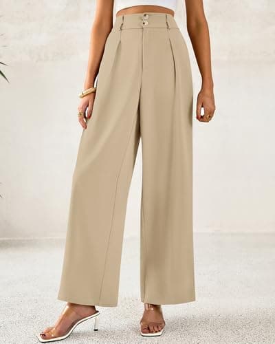 BTFBM Women Wide Leg Dress Pants 2026 High Waisted Button Pleated Business Casual Trousers Office Work Palazzo Pants(Light Khaki, XX-Large) - Thumbnail 6