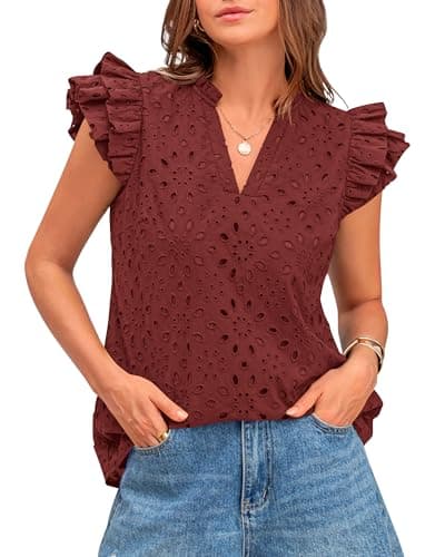 BTFBM Summer Eyelet Tops for Women 2026 Dressy Casual Spring V Neck Ruffle Cap Sleeve Embroidered Blouses Resort Wear(Brown Red, Small) - Image 1
