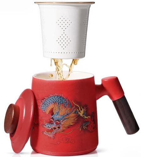 Foinly Ceramic Tea Cup with Infuser and Lid, 13.5 oz Tea Mug for Loose Leaf Tea,Wood Handle,Chinese Dragon Design,All Porcelain Strainer,BPA-Free, Perfect for Tea Lovers/Birthday/Mother's Day (Red) - Image 1