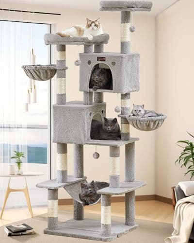 Large Cat Tree Tower for Indoor Cats Adult, 74.8 Inch Tall Multi-Level Kitty Condo with Scratching Posts, Perch, Hammock, Plush Bed for Big Cats, Modern Cat Furniture Heavy Duty (Light Grey) - Image 1