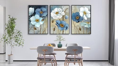 ASDCEUTICALS Large Framed Wall Art - Boho Flowers Wall Decor, Retro Floral Pictures, Blue White Botanical Canvas Prints for Bedroom Living Room Bathroom Kitchen Office Artwork 20" X 28" X 3 Pcs - Thumbnail 4
