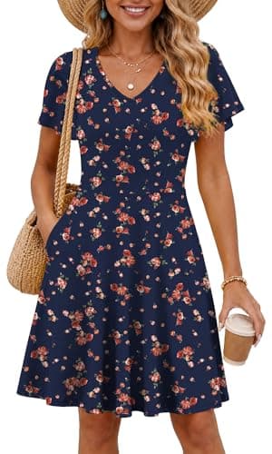 COSSEN Women's Summer Casual T Shirt Dress Navy Blue Print Small with Pockets - Short Sleeve V Neck Flowy Loose A-Line Sundress Vacation - Image 1