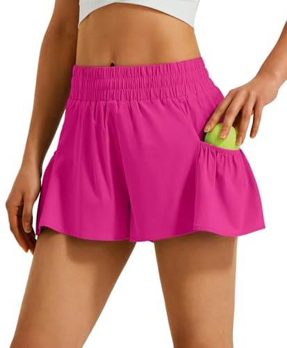 Ksmien Women's Athletic Running Shorts High Waisted Flowy Lightweight Shorts with Pockets for Tennis Golf Workout Gym Hot Pink - Image 1