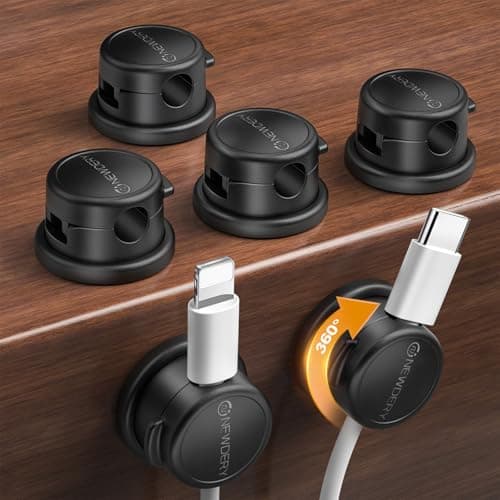 NEWDERY Magnetic Cable Organizer 6-Pack - 360° Rotatable Cable Clips Cord Holder for Desk - 3M Adhesive Wire Holder for Phone Charger, Home Office Accessories & Nightstand Organization-Black - Image 1