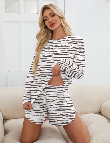 JUSTFASHIONNOW Womens Long Sleeve Pajama Sets Cute Lounge Set 2 Piece Crew Neck Print Sleepwear Comfy Split Short Pajama Set Soft Fall Outfits Loungewear Cozy Pj sets (Brown, Large) - Thumbnail 4