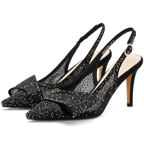 Moloershow Slingback Heels for Women with Bow Pointed Toe Stiletto Pumps with Adjustable Strap Buckle 3.3" High Heels Casual Daytime Comfort Sandals Mesh Rhinestone Black Size 7 - Image 1