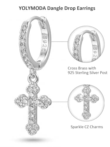 Sterling Silver Cross Hoop Earrings for Women 925 Silver Dangle Drop Earrings Dainty Trendy Sparkly Dangling Earrings Small Dangly Huggie Hoops with Cubic Zirconia Charms Mens Cross Earrings - Thumbnail 2