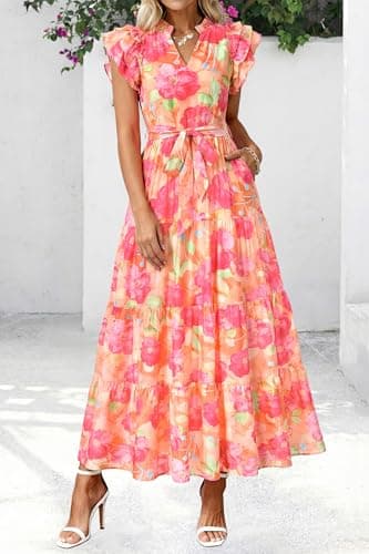 dowerme Women Summer Maxi Dresses 2026 Ruffle Sleeve V Neck Floral Boho Long Dress Belted Tiered Sundress with Pockets(Orange Red Big Floral,X-Large) - Thumbnail 4