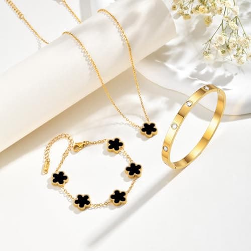 Gold Bracelets Necklace Jewelry Set - 3Pcs 18K Gold Plated Floral Bracelet,Stainless Steel Bangles, Waterproof Non-Tarnish Necklaces Daily Fashion Minimalist Jewelry,Valentines Birthday Gift for Women - Thumbnail 5