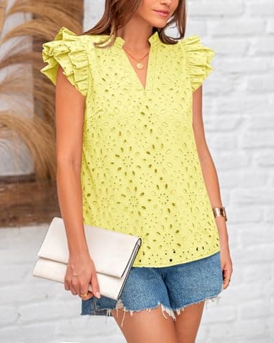 BTFBM Summer Eyelet Tops for Women 2026 Dressy Casual Spring V Neck Ruffle Cap Sleeve Embroidered Blouses Resort Wear(Yellow, XX-Large) - Thumbnail 4