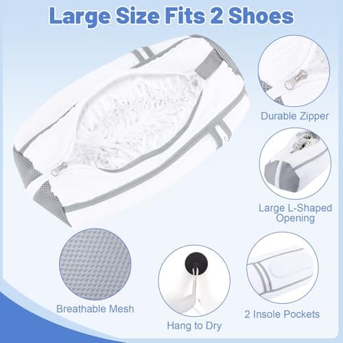 Dntorx 2 PCS Shoe Washing Machine Bag, Reusable L-shaped Zipper Laundry Shoe Bag for Washing Machine with Insoles Mesh Pocket for Washer and Dryer, Shoe Cleaning Bags for Sneaker Tennis Shoes - Thumbnail 4